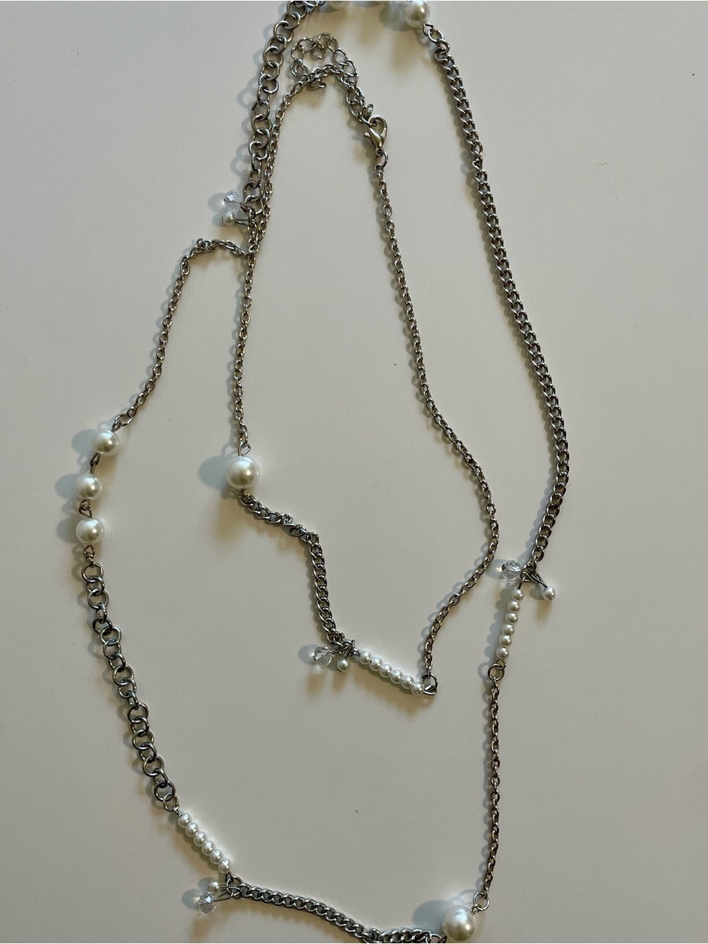 Delicate Faux Pearl & Silver Tone Chain Layered Necklace